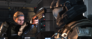 Veronica Dare with her M6C/SOCOM pointed at Orbital Drop Shock Trooper Jonathan Doherty in the New Mombasa Data Center during Battle of New Mombasa. From the Halo: The Master Chief Collection version of Halo 3: ODST campaign level Data Hive.
