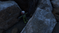 The Didact toy nestled between rocks.