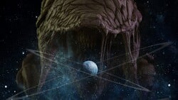 Cover art for Halo: Ascension on Atropos, depicting the titular planet and the Flood.