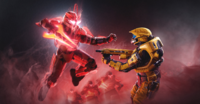 Promotional art featuring a Mark VI CBRN-clad Spartan-IV fighting another Spartan whose armor is infected by Iratus.