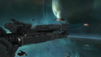 The UNSC Savannah being escorted by a formation of Sabres.