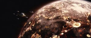 A screenshot of the Fleet of Particular Justice over Reach in the cutscene The Heretic.