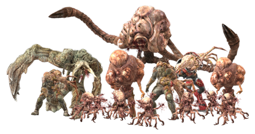 A render of a collection of Flood forms, as they appear in Halo: Fireteam Raven.