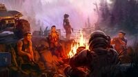 Human Marines around a camp fire on Installation 07 in the Halo Encyclopedia (2022 edition).