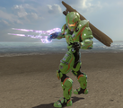 A Hoplite-clad Spartan using a Pelosus-pattern energy sword on Stonetown in Halo 2: Anniversary.