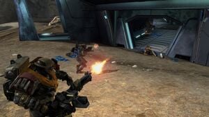 NOBLE Team's SPARTAN-B312 fighting Unggoy Minors and Majors at the base of Spire One during the Battle at Szurdok Ridge. From Halo: Reach campaign level Tip of the Spear.