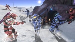 Promotional image for an in-development build of Halo 3 featuring a battle on the multiplayer map Snowbound.