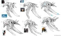 Concept sketches of the 'sKelln for the Halo Encyclopedia, showing various inspirations for the creature's design.