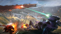 Halo Infinite concept art depicting a Scarab firing on a Banished spacecraft.