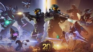 Halo and Xbox 20 Year Celebration Artwork featuring John-117 from Halo: Combat Evolved and Halo Infinite.