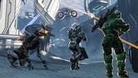 Two Spartan-IVs facing off against a Watcher and a Crawler.