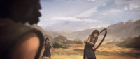 Prehistoric children playing with a toy hoop made from foliage in Halo 4's terminals.
