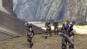 Spartan-IVs (including Fredric Zurenia and Scott Macrae) from Mountain Squad in Two Giants during Requiem Campaign, as seen in Halo 4 Spartan Ops Episode 3 Catherine Chapter 3 Spartan Mountain.