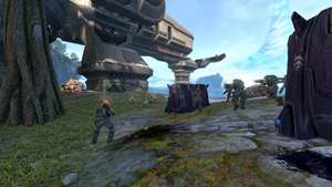 Gunnery Sergeant Waller and his Marines attacking Covenant troops during the Battle of the Silent Cartographer. From Halo: Combat Evolved Anniversary campaign level The Silent Cartographer.