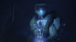 John-117 and the Weapon looking at a residue data. From Halo Infinite campaign level Silent Auditorium.