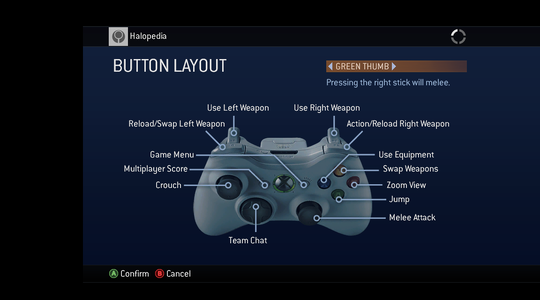 A screenshot of "BUTTON LAYOUT" set to "GREEN THUMB" in the Halo 3 (Xbox 360) settings menu.Behind the game pause menu is pitch black.Note: The screenshot was taken from the emulator Xenia.