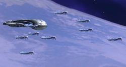 A portion of the Fleet of Retribution shortly after exiting slipspace over Installation 00