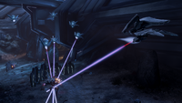 Sentinels firing Sentinel beams at a Promethean Knight in Halo 4 Spartan Ops.