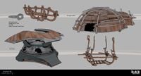 Early concept exploration of particularly primitive Jiralhanae architecture and technology for Halo Infinite.