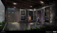 Concept art of a balcony across from the police station.