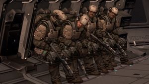 UNSC Army unit Golf 27 onboard a D77-TC Pelican during the Siege of New Alexandria, as seen on Halo: Reach campaign level New Alexandria.