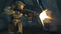The Master Chief firing an MA5C in-game on the level Halo, on Installation 08.