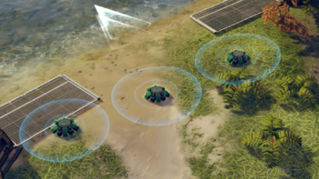 Three Lotus anti-tank mines on Halo Wars 2 campaign level One Three Zero.