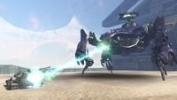 A Deutoros-pattern Scarab firing its main weapon at an M808C Scorpion in Halo 3.