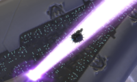 A Covenant assault carrier firing its energy projector in Halo 2.