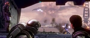 Alpha-Nine members Veronica Dare, Edward Buck, and Jonathan Doherty look out from a Ru'swum-pattern Phantom towards New Mombasa in flames, as seen in Halo 3: ODST campaign level Coastal Highway/Epilogue.