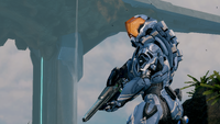A Rogue-clad Spartan with a Mosa-pattern carbine in Halo 4.