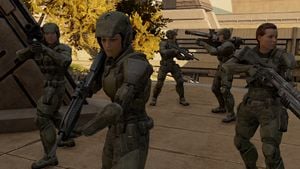 UNSC Marines from E2-BAG/1/7 (including Palmer in Kilindini Park Cultural Center during Battle of Mombasa in Halo 2: Anniversary, as seen in Halo 2 level Metropolis.