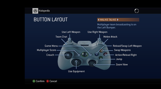 A screenshot of "BUTTON LAYOUT" set to "WALKIE TALKIE" in the Halo 3 (Xbox 360) settings menu.Behind the game pause menu is pitch black.Note: The screenshot was taken from the emulator Xenia.
