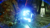 A Sangheili Zealot's energy shield overloading as he is killed by a Flood tank form in Halo: Campaign Evolved.