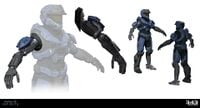 Concept art of the prosthetic limbs usable with the Mark V [B] armor core in Halo Infinite.