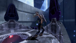 A Kig-Yar Sniper stationed inside a Covenant watchtower during the Battle of Mombasa. From Halo 3: ODST campaign level Tayari Plaza.