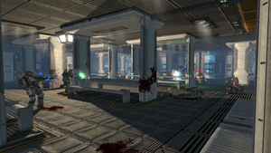 UNSC Marines engaging Covenant forces in the UNSC Pillar of Autumn's mess hall. From Halo: Combat Evolved Anniversary campaign level The Pillar of Autumn.
