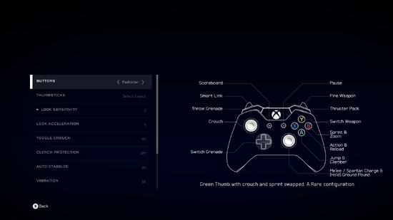 A screenshot of "Buttons" set to "Pashooter" in the Halo 5: Forge settings menu.Behind the game pause menu is pitch black.