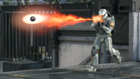 Head-on third-person view of a SPARTAN-IV firing the mangler on Live Fire.