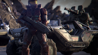 A Spartan with an MA5B in the main menu of Halo Wars 2.