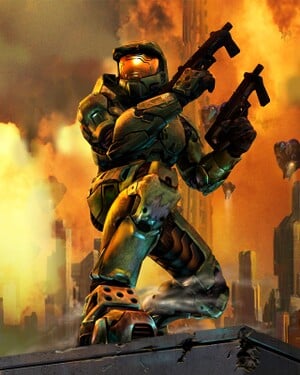 An image of John-117 in New Mombasa. This image was later "sanitised" by Benjamin Giraud for wartime propaganda, resulting in the Halo 2 box art.