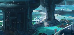 Concept exploration of a water-based location on Sanghelios, later canonized as a city on Feldokra in the Halo Encyclopedia (2022).