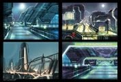 Early concept art of New Alexandria's urban landscapes.