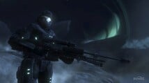 Noble Six with a sniper rifle, with one of Reach's moons in the background.