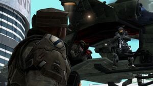 NOBLE Team's SPARTAN-B312 being briefed by UNSC Army Sergeant Major Duvall during Siege of New Alexandria. From Halo: Reach campaign level Exodus.