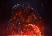 Atriox and a holographic display of High Charity's wreckage.