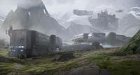 Concept art of a UNSC research facility on Oban, with several naval vessels hovering nearby.