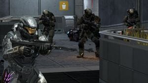 NOBLE Team's SPARTAN-B312 fighting alongside Evacuation Team 7 during Siege of New Alexandria. From Halo: Reach campaign level Exodus.