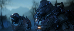 Voridus and a fellow Jiralhanae at the onset of the outbreak on Installation 00. Screenshot taken from the closing cinematic in What Could Go Wrong? in Halo Wars 2: Awakening the Nightmare.