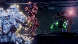 Two Spartan-IVs fighting on Halo 4 multiplayer map Vortex during a game of Dominion.